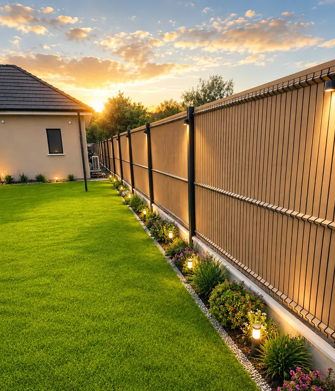 Jardin moderne avec panneaux de clôture en bois et éclairage doux au coucher du soleil.