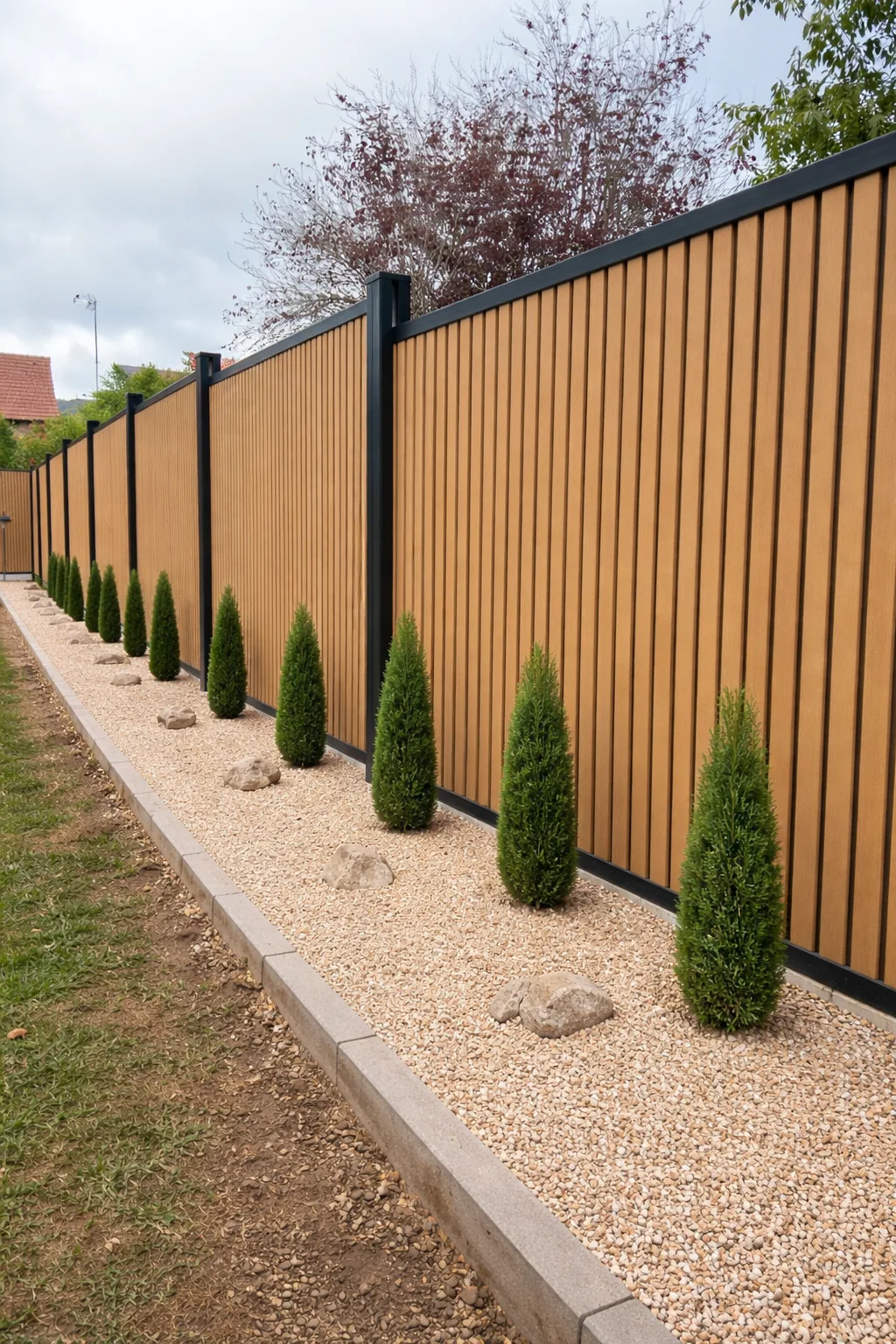 Clôture à panneaux bois moderne avec petits arbustes dans un jardin soigné.