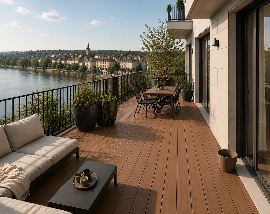 Terrasse moderne avec vue sur rivière, sol en bois, mobilier et plantes.