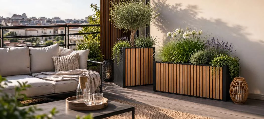 Bacs à fleurs en bois composite Redcinha® installés sur une terrasse