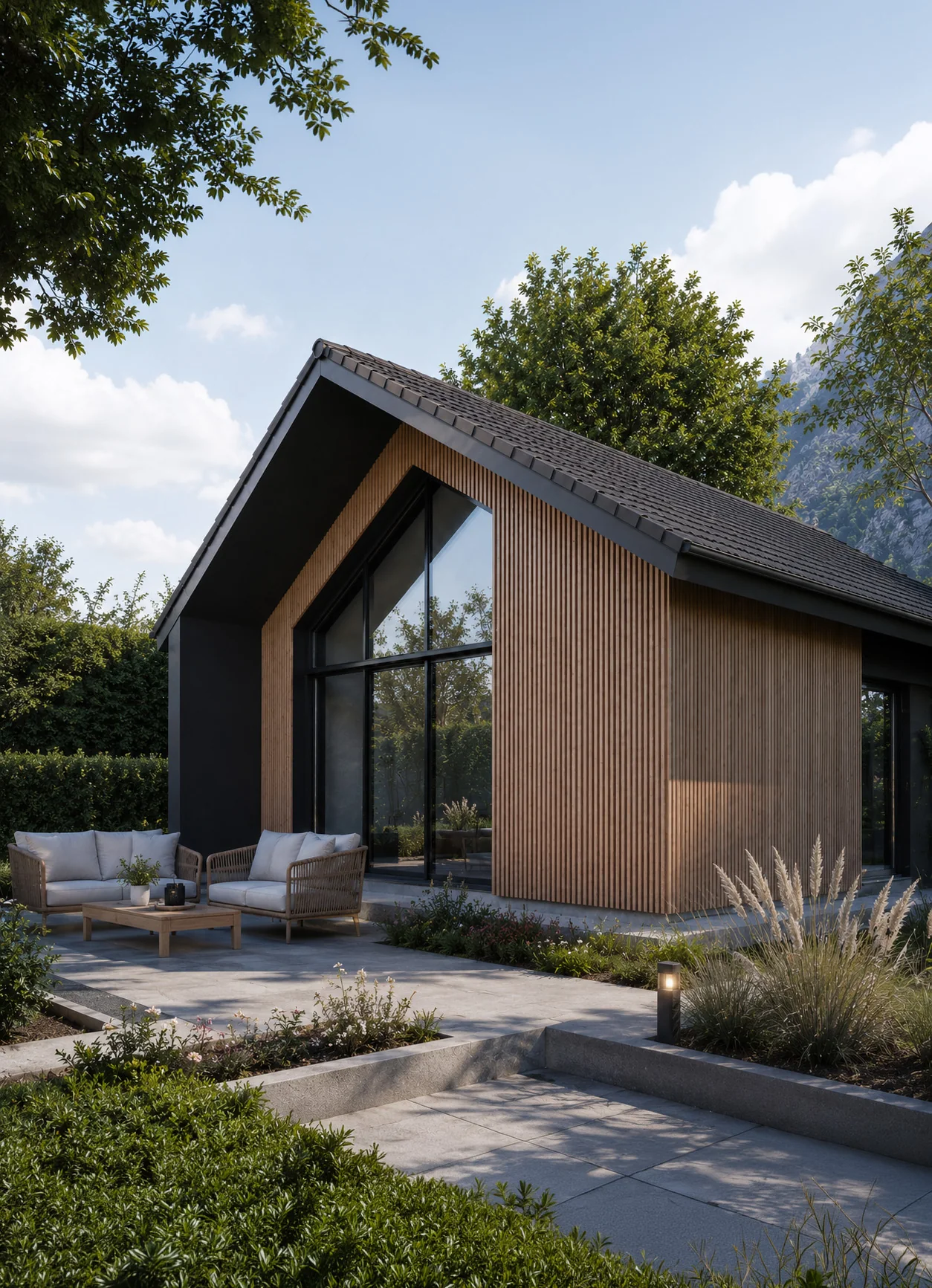 Bardage Myriad® posé sur la façade d'une maison avec terrasse et jardin