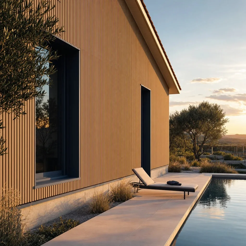Bardage Myriad® posé sur la façade d'une maison au bord d'une piscine