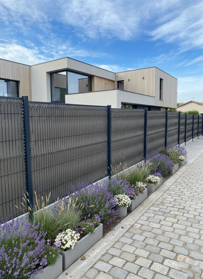 Réalisation d'une clôture occultante devant une maison contemporaine et une allée fleurie